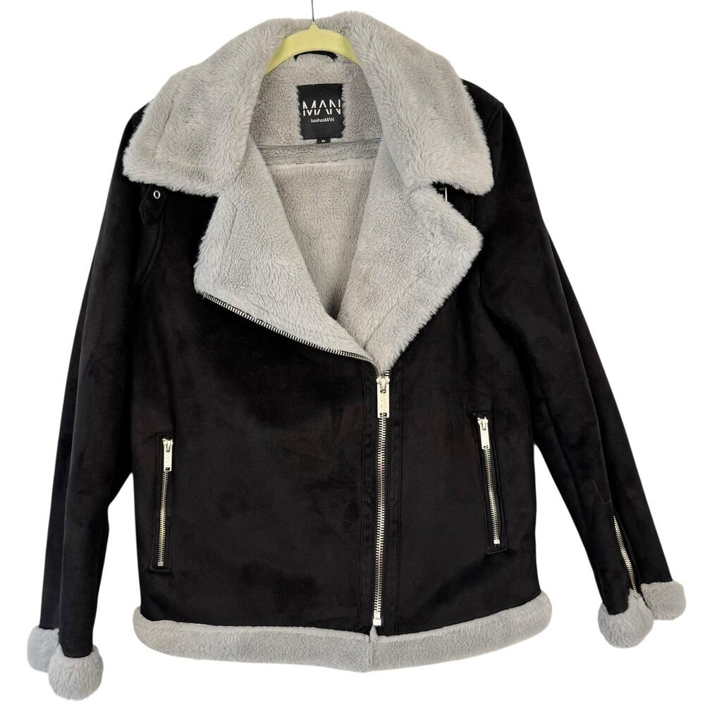 Boohoo Man Black Full Zip Suede Moto Biker Jacket Faux Fur Coat Small Soft Comfy